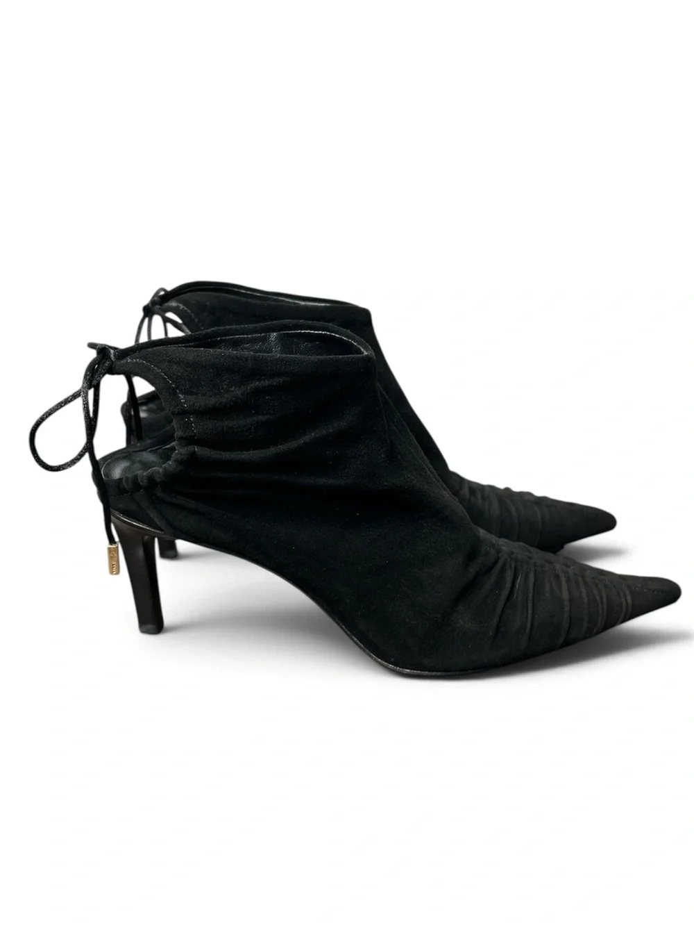 Gucci Tom Ford 2004 Runway Black Suede Ruched Ankle Booties Tie Back Size 7